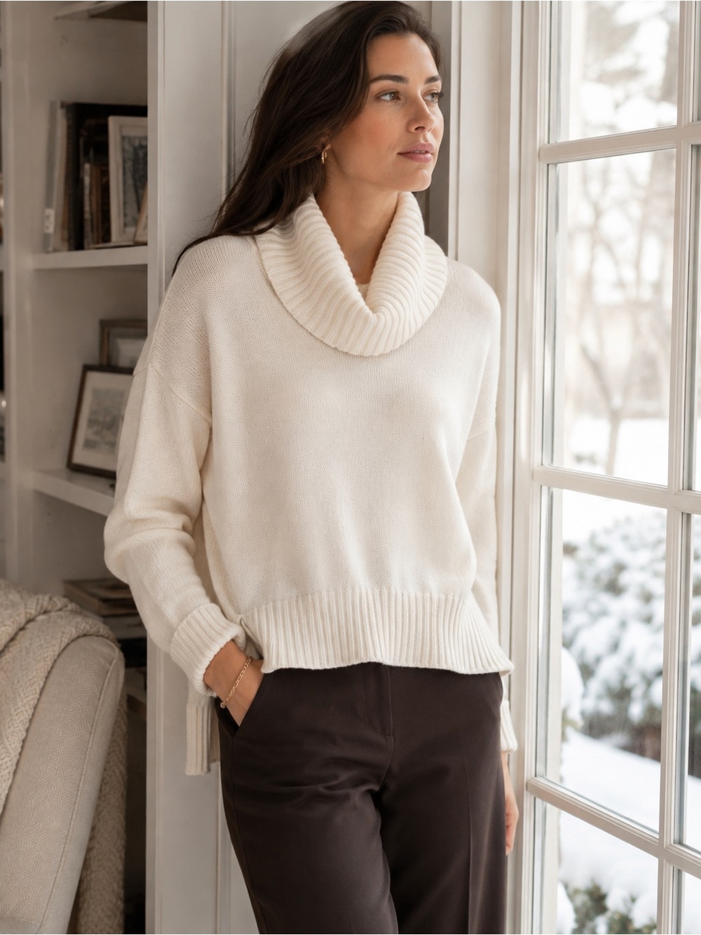 Anthropologie SP Ivory Wool Blend Cowl Neck Sweater Quiet Luxury Italy